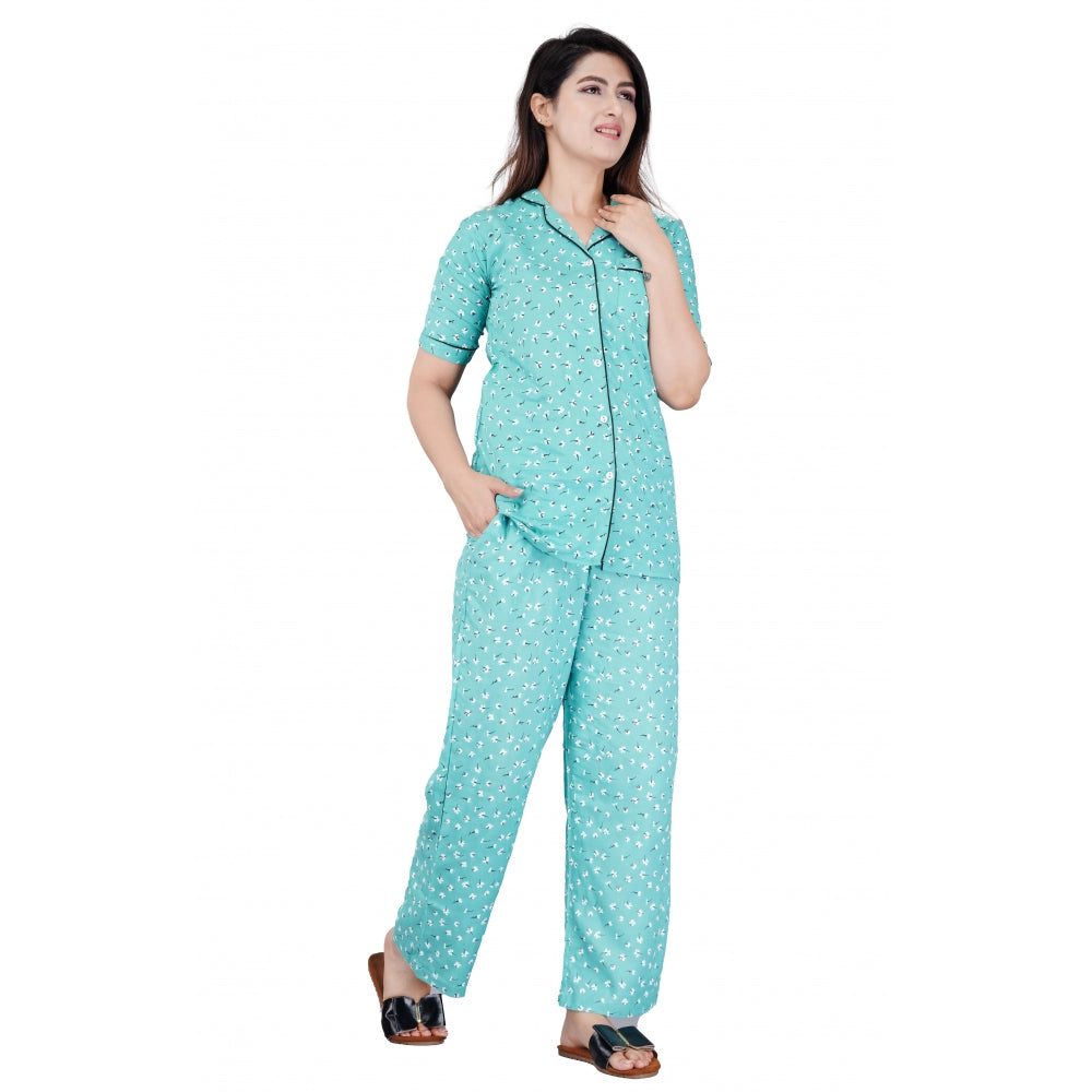 Green viscose rayon half sleeve printed shirt with pyjama pant night suit set - women's casual loungewear for relaxed comfort
