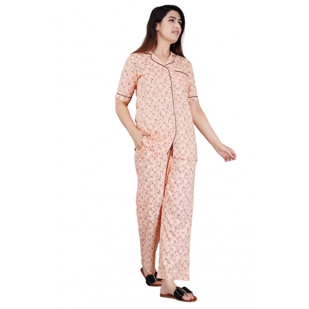 Peach viscose rayon women's casual half sleeve printed night suit set with pyjama pants - notch collar & half sleeves