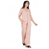 Peach viscose rayon women's casual half sleeve printed shirt with pyjama pant night suit set - vibrant pattern, notch collar, half sleeve length