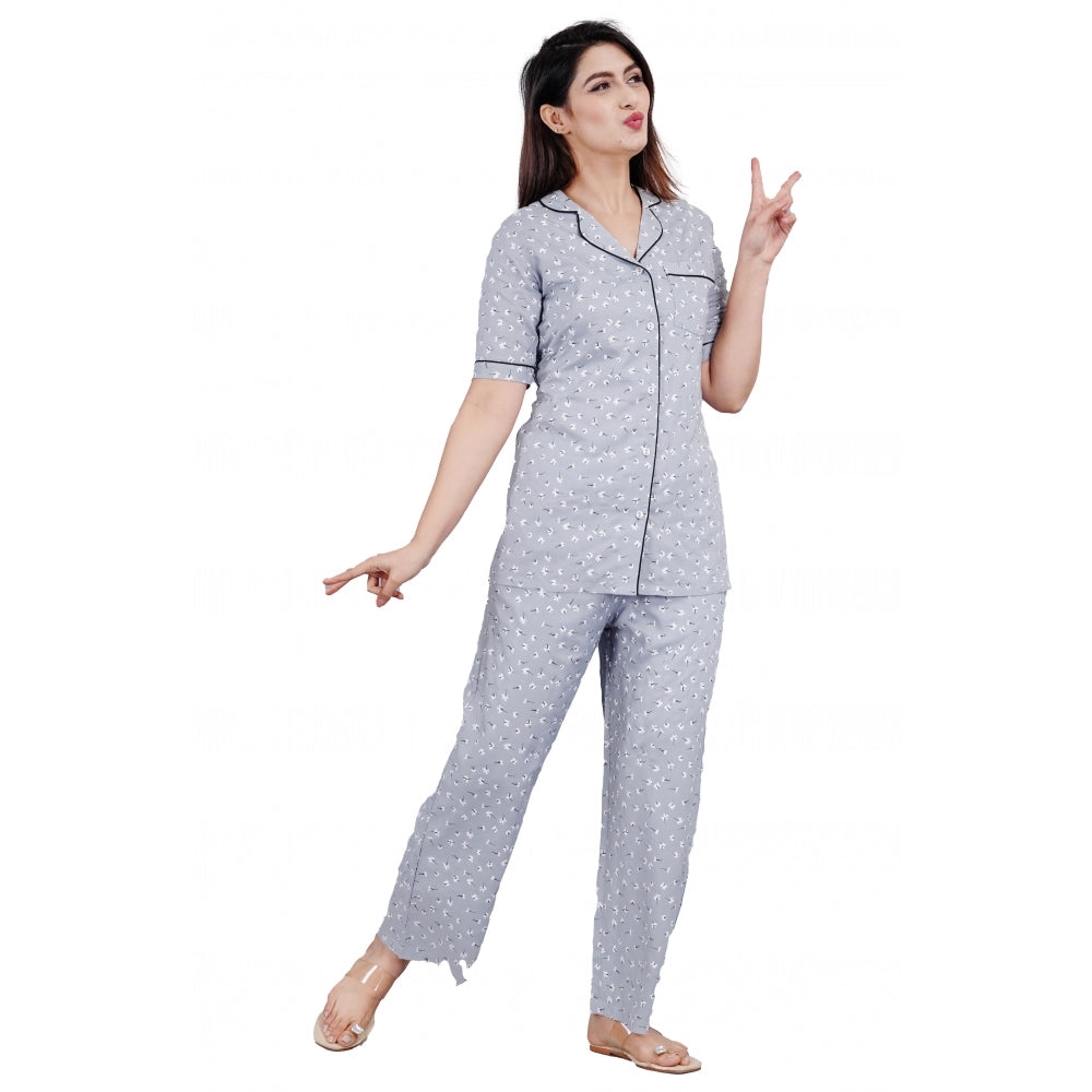 Grey Viscose Rayon women's casual half sleeve printed shirt with pyjama pant night suit set - notch collar, half sleeve