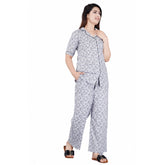 Grey viscose rayon printed half-sleeve shirt with pyjama pant night suit set on model