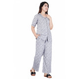 Grey viscose rayon printed half-sleeve shirt with pyjama pant night suit set on model