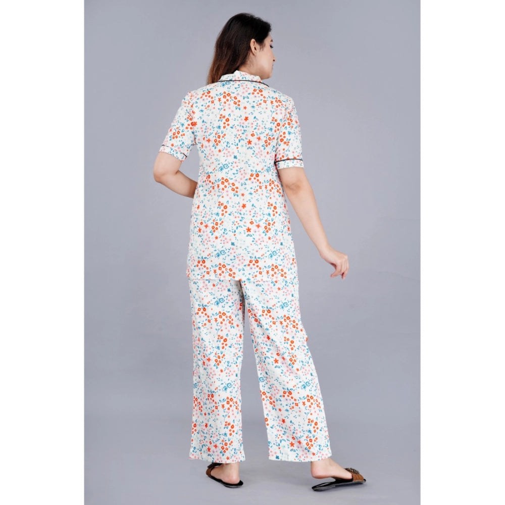 White viscose rayon printed half sleeve shirt with pyjama pant night suit set, casual women's loungewear for comfortable relaxation