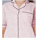 Pink viscose rayon printed shirt set with pyjama pants, casual half sleeve style on model