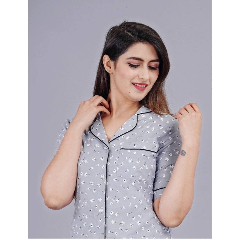 Grey printed viscose rayon women's casual half sleeve shirt with pyjama pant night suit set on hanger