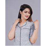 Grey printed viscose rayon women's casual half sleeve shirt with pyjama pant night suit set on hanger
