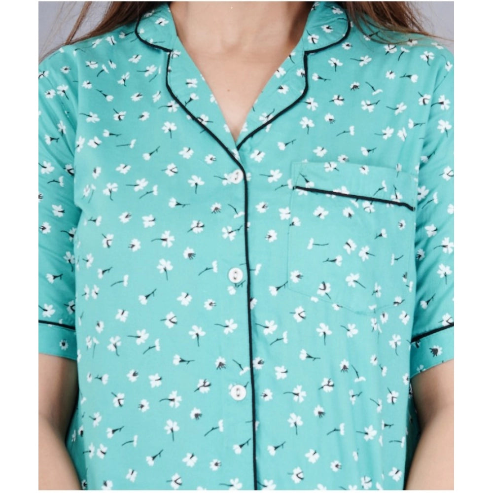 Green viscose rayon women's casual shirt with pyjama pant night suit set - printed, half sleeve, notch collar design