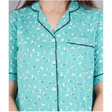 Green viscose rayon women's casual shirt with pyjama pant night suit set - printed, half sleeve, notch collar design
