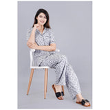 Grey viscose rayon printed half sleeve shirt with pyjama pant night suit set - casual women's sleepwear set on hanger