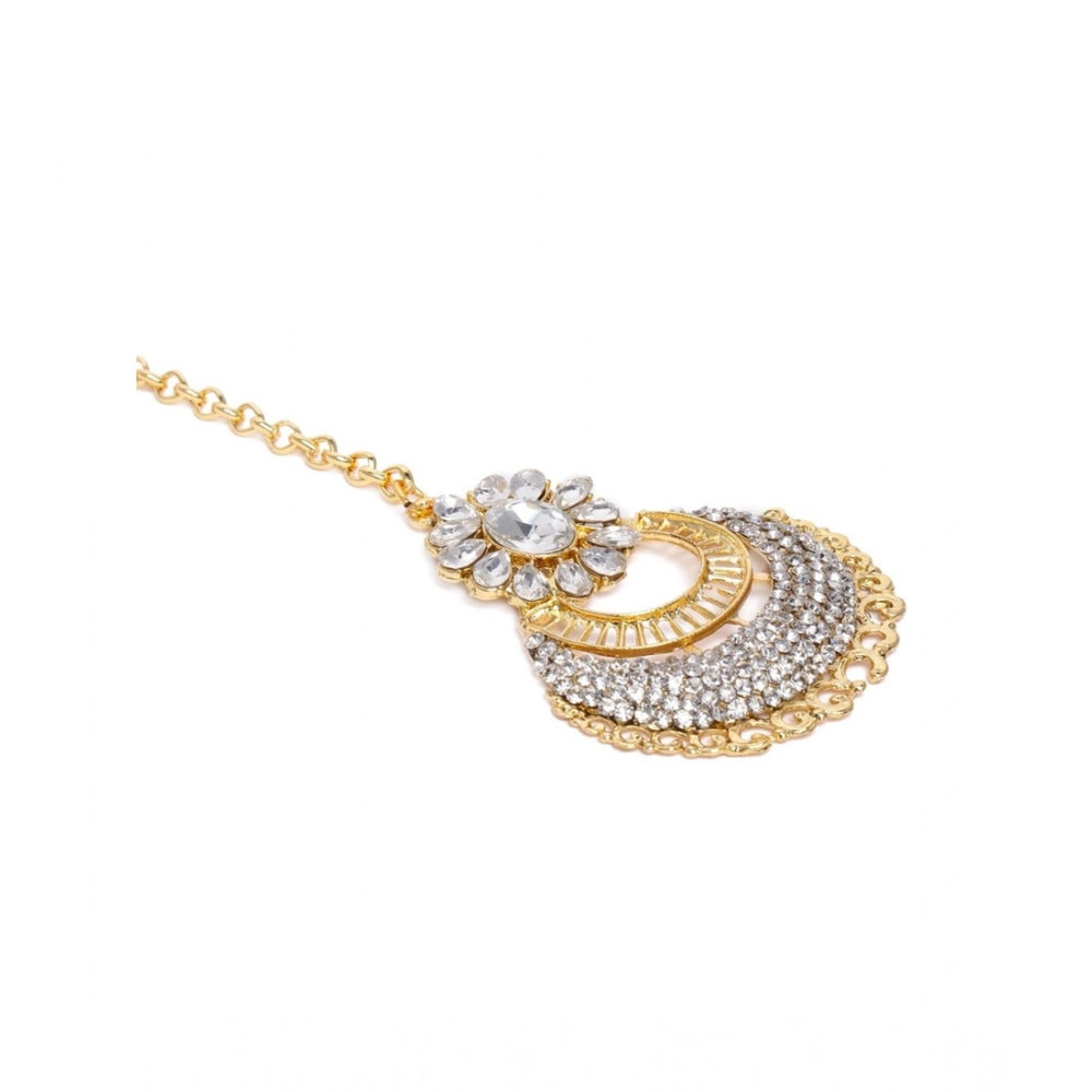 Women's white rose gold plated alloy Kundan earrings & Mangtikka - luxurious jewelry for special occasions, avoid heat & chemicals for care