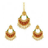 Rose gold plated alloy Kundan earrings & Mangtikka - Red & Green jewelry for women, delicate and vibrant