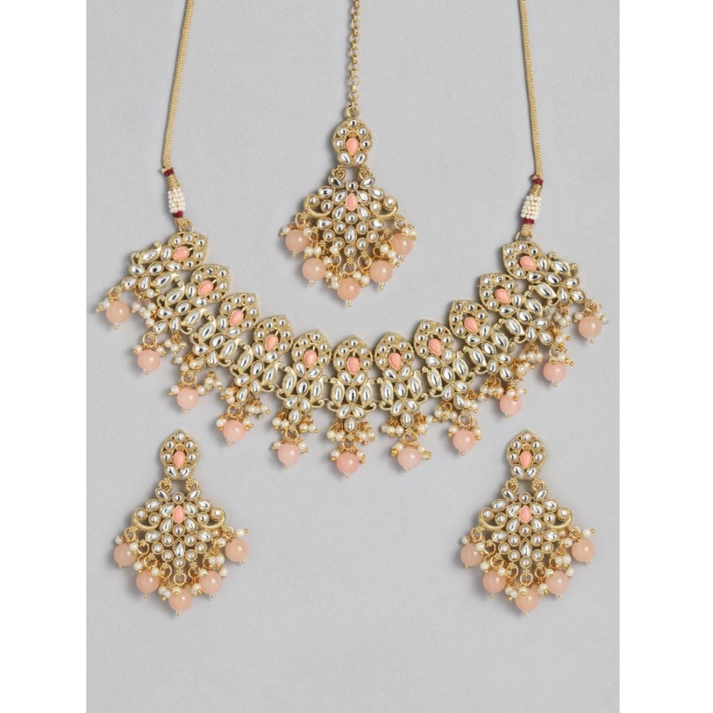 Rose Gold Plated Alloy Pink Necklace & Earrings Set, delicate jewelry on model with soft pink tones