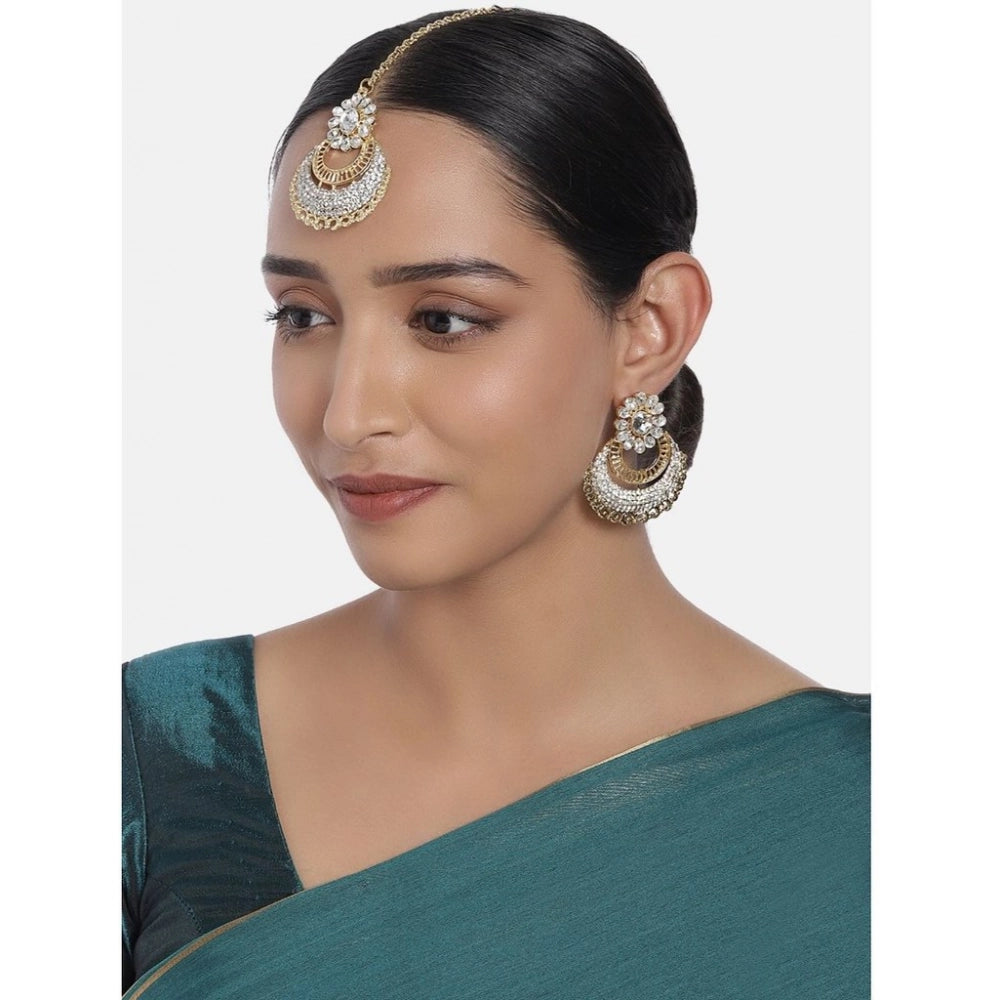 White rose gold plated alloy Kundan earrings & Mangtikka for women's festive wear, avoid heat & chemicals for care