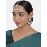White rose gold plated alloy Kundan earrings & Mangtikka for women's festive wear, avoid heat & chemicals for care