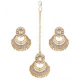 Women's white rose gold plated alloy Kundan earrings & Mangtikka - luxury jewelry accessory on display