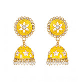 Women's yellow rose gold plated alloy earrings on model, jewelry accessory for special occasions