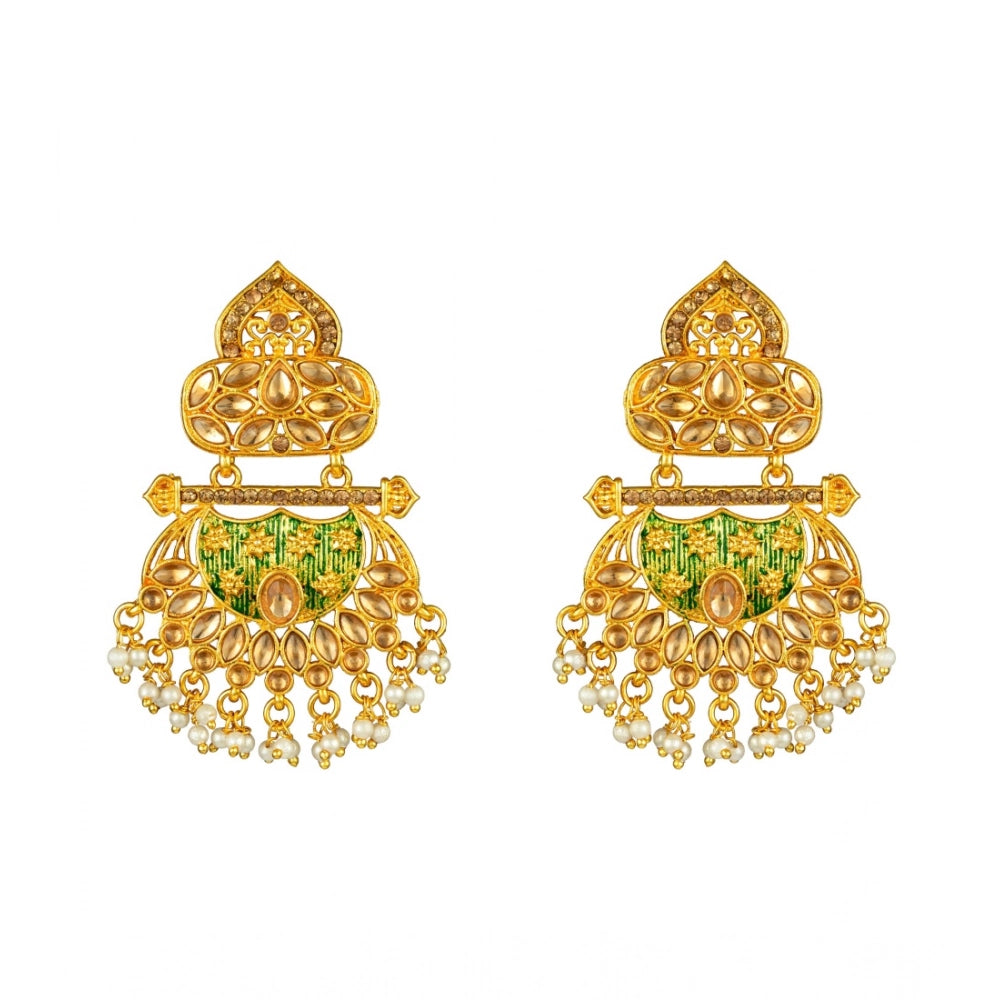 Green rose gold plated alloy Kundan earrings & Mangtikka for women, delicate jewelry accessory on display stand