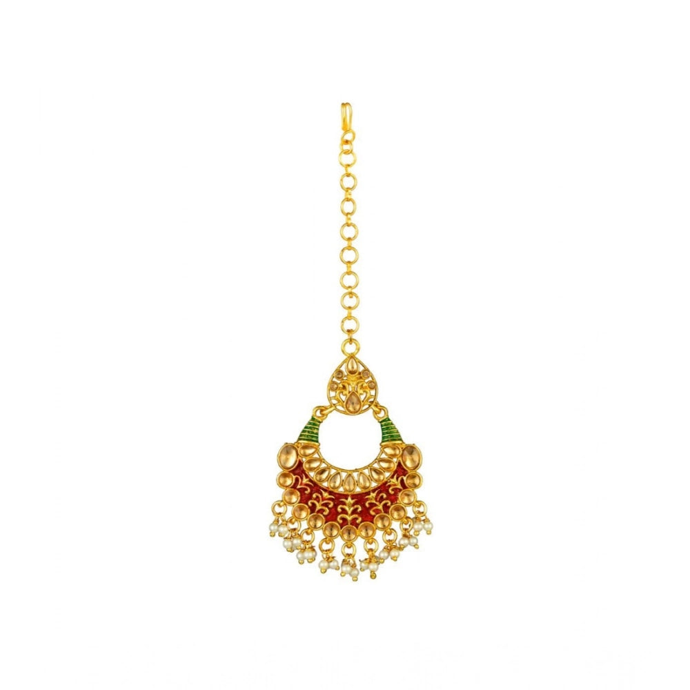 Rose gold plated alloy Kundan earrings & Mangtikka (red & green) - vibrant Indian traditional jewelry for women