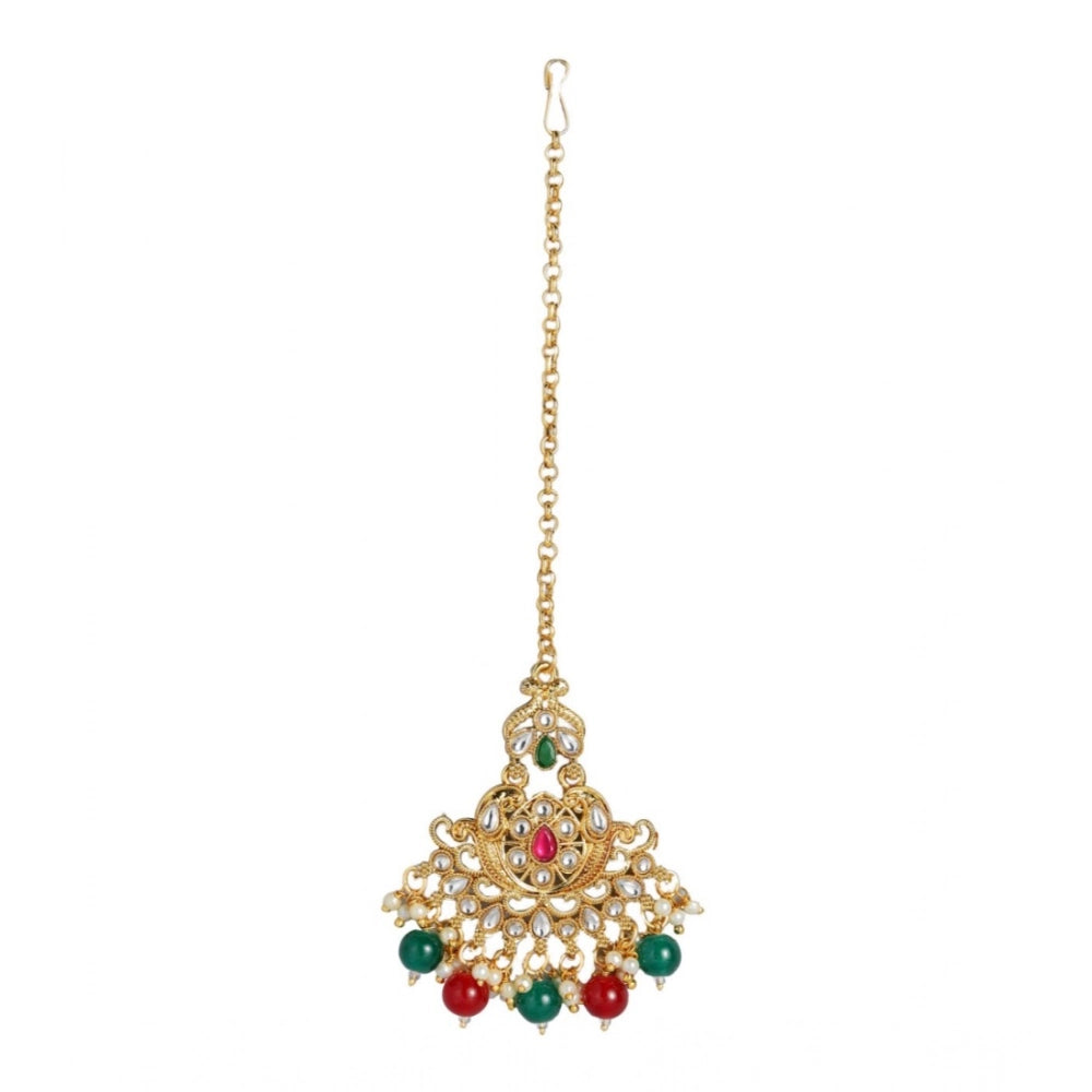 Rose gold plated alloy Kundan earrings & Mangtikka in red and green jewelry accessory
