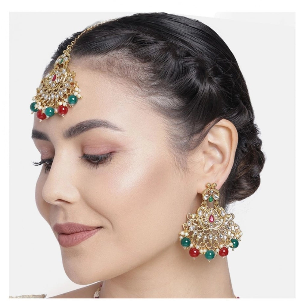 Rose gold plated alloy Kundan earrings & Mangtikka in red and green, traditional Indian jewelry accessory