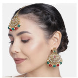 Women's Rose Gold Plated Alloy Kundan Earrings & Mangtikka (Red & Green)