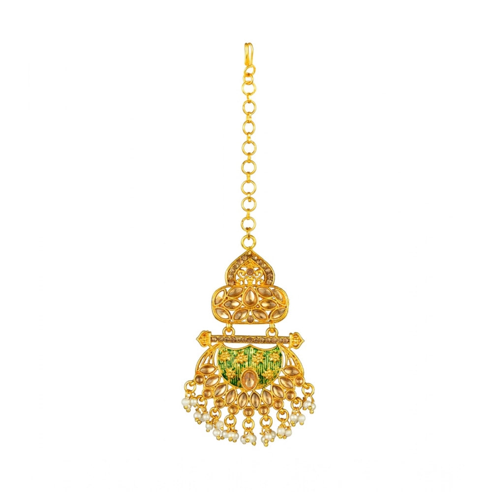 Green Rose Gold Plated Alloy Kundan Earrings & Mangtikka for women, avoid heat and chemicals for care