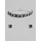 Rose Gold Plated Alloy Necklace & Earrings Set - Silver & Black jewelry for women, delicate accessories on display stand