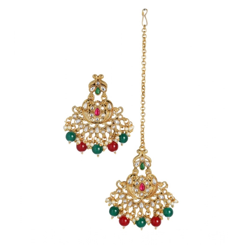 Rose gold plated alloy Kundan earrings & Mangtikka - Red & Green jewelry for women, avoid heat & chemicals