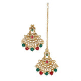 Women's Rose Gold Plated Alloy Kundan Earrings & Mangtikka (Red & Green)