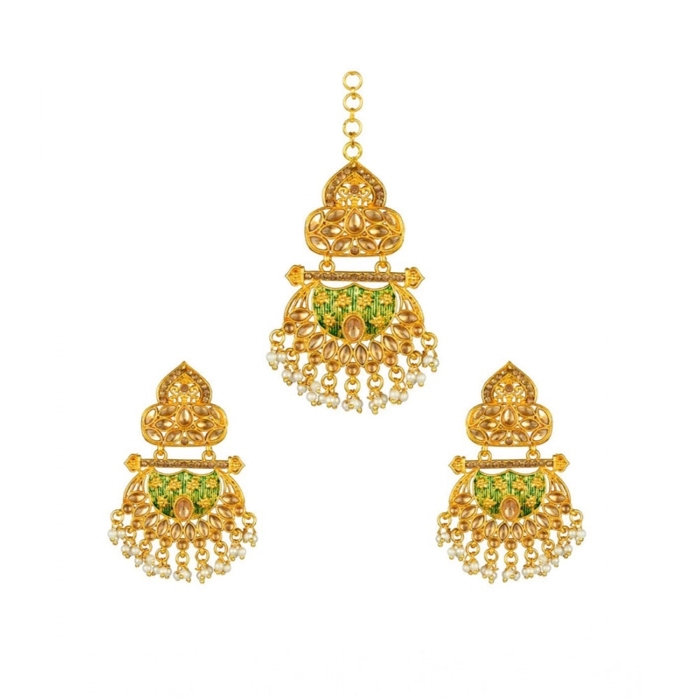 Green Rose Gold Plated Alloy Kundan Earrings & Mangtikka for women, avoid heat & chemicals for care