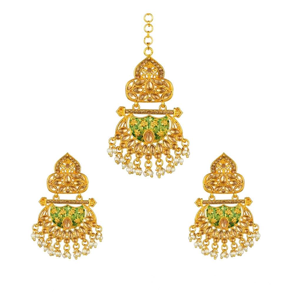 Green Rose Gold Plated Alloy Kundan Earrings & Mangtikka for women, avoid heat and chemicals for care