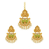 Women's Rose Gold Plated Alloy Kundan Earrings & Mangtikka (Green)