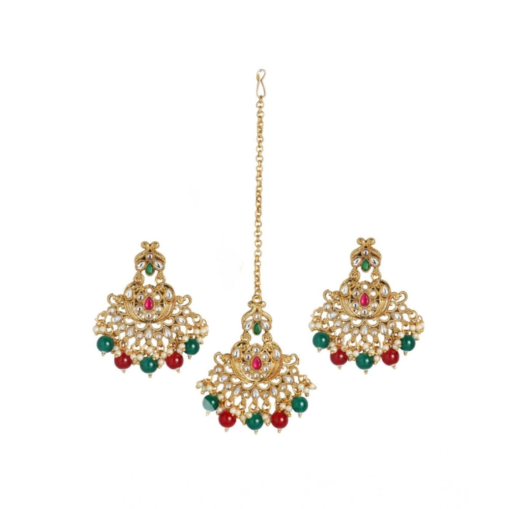 Rose Gold Plated Alloy Kundan earrings & Mangtikka in red and green jewelry for women, delicate design on display