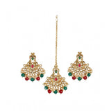 Rose Gold Plated Alloy Kundan earrings & Mangtikka in red and green jewelry for women, delicate design on display