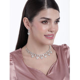 Rose gold plated brass necklace & earrings set in silver tone on display, delicate jewelry for women's accessories