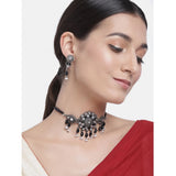 Women's Rose Gold Plated Alloy Necklace & Earings Set (Black)