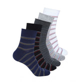 Assorted cotton blended mid-calf length men's casual socks with printed patterns on display
