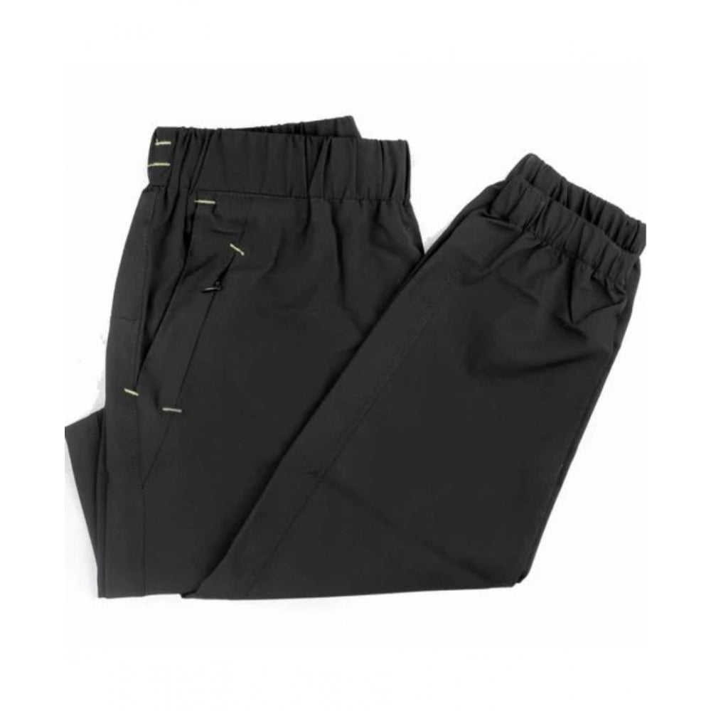 Black polyester men's full-length solid track pants for athletic wear