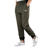 Dark green polyester solid track pants for men, full length athletic wear on display