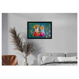 Multicolor vinyl-sparkle coated Radha Krishna painting with lightweight synthetic frame, water-resistant, rectangular, 14x20 inch for wall mounting