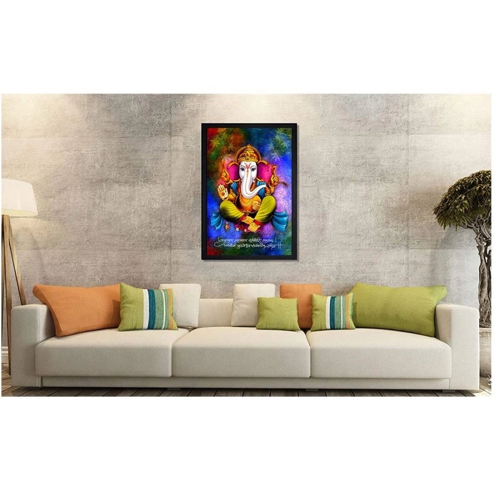 Multicolor synthetic Ganesh photo framed art, lightweight and water-resistant wall mount, 14x20 inch rectangular size