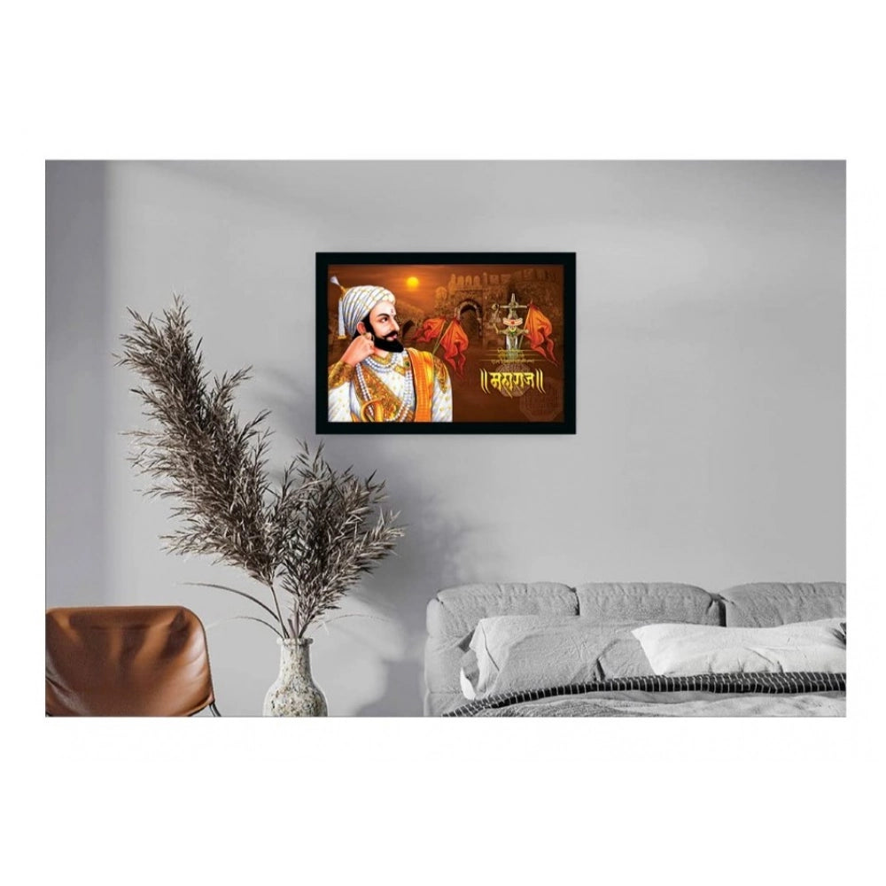 Multicolor vinyl sparkle-coated Shivaji Maharaj painting framed, lightweight and water-resistant synthetic frame (14x20 inch)