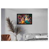Multicolor radha krishna painting with water-resistant synthetic frame, sparkle coated on 14x20 inch wall mount
