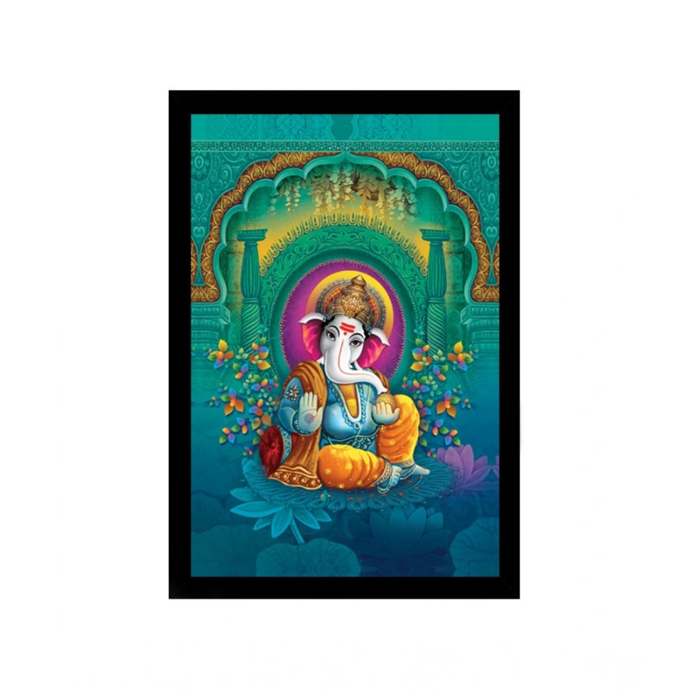 Multicolor synthetic framed Ganesh photo, rectangular lightweight water-resistant wall mount (14x20 inch)