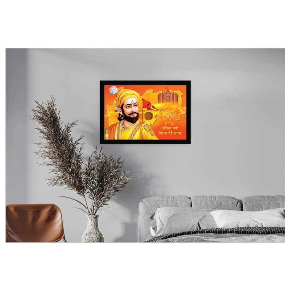 Multicolor vinyl-sparkle coated Shivaji Maharaj painting with synthetic wall-mount frame (14x20 inch)