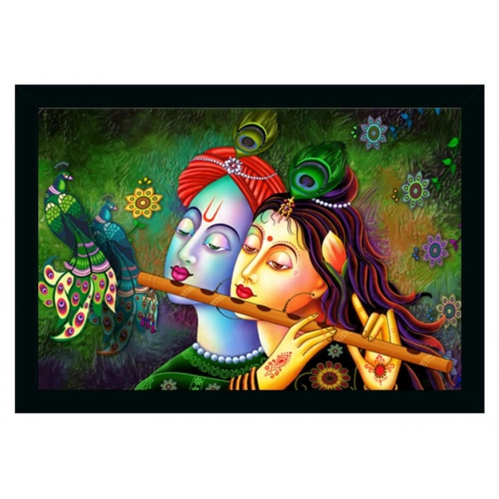 Multicolor vinyl sparkle-coated Radha Krishna painting with lightweight, water-resistant synthetic frame (14x20 inches)