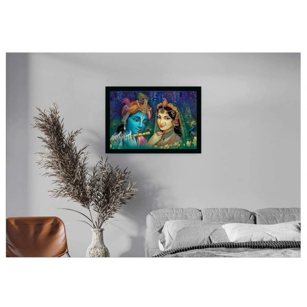 Multicolor synthetic framed painting of Radha Krishna with sparkle coating, water-resistant and lightweight for wall mounting (14x20 inch)