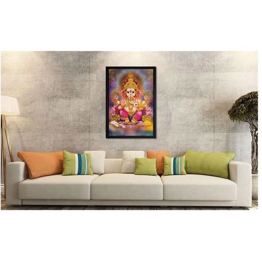 Multicolor synthetic photo frame with Ganesh image, lightweight and water-resistant wall mount, 14x20 inch framed rectangular print