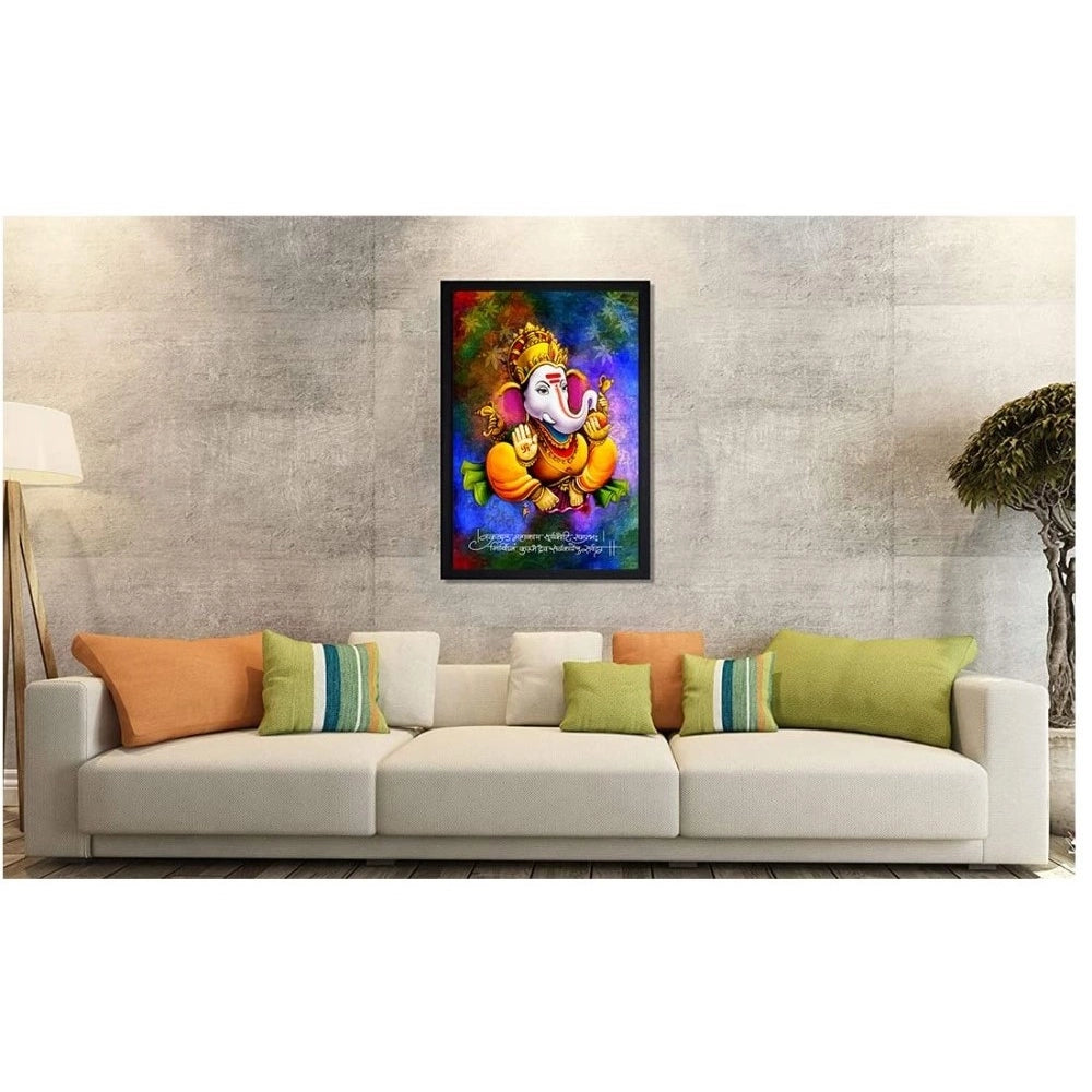 Multi-colored synthetic Ganesh photo framed, lightweight water-resistant wall mount, 14x20 inch rectangular size