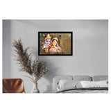 Multi-colored Radha Krishna painting with sparkle coating, water-resistant synthetic photo frame (14x20 inch) for wall mounting